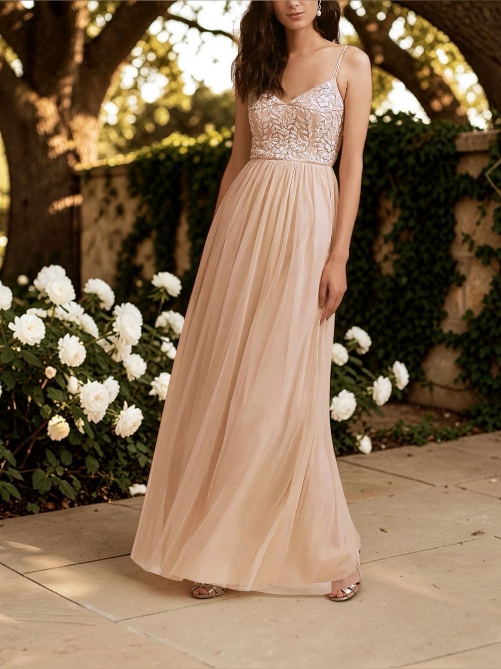 BHLDN Elowen Beaded Embroidered Spaghetti-Strap Maxi Dress Oyster Blush Size 4